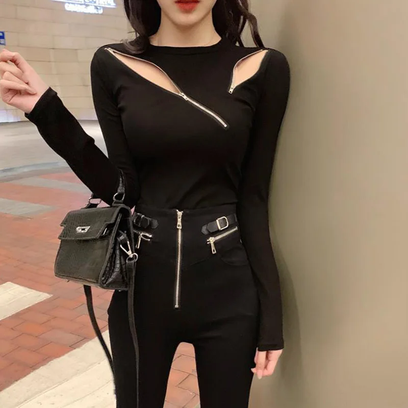 Korean Long Sleeve T-Shirts Female Fashion Zipper Hollow Out Bottoming Shirt Autumn New Slim Trend O-neck Top Tee Women Clothes