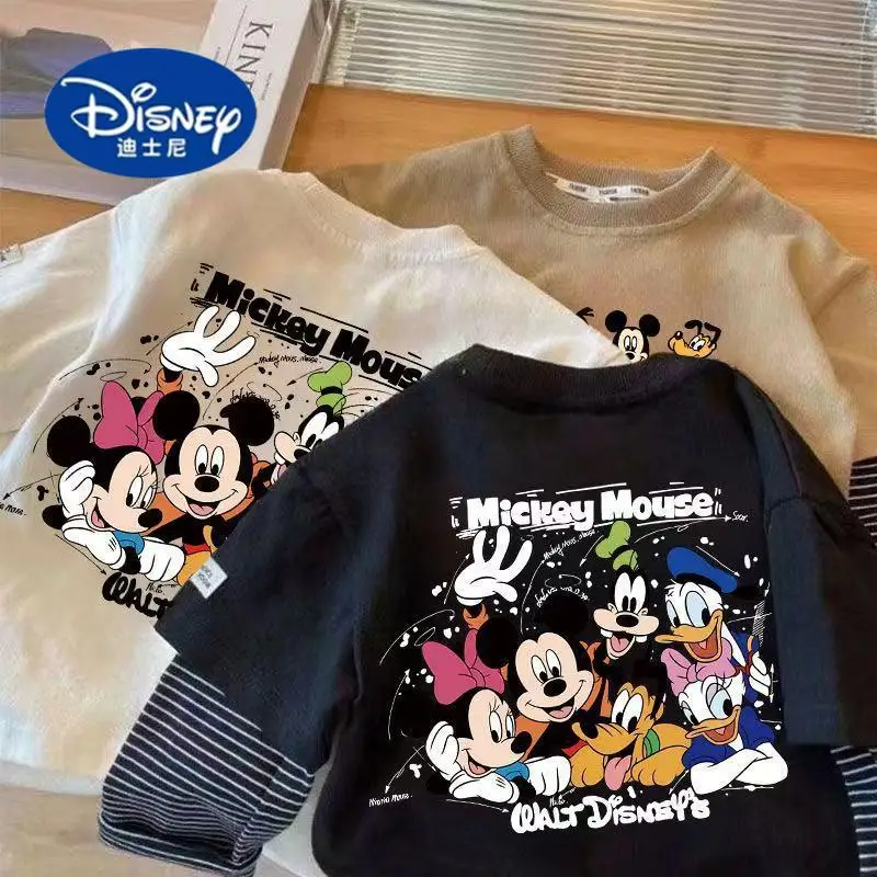 

Disney Mickey Mouse Fake Two-Piece Kids T-Shirt | Stripe Sleeve Cotton Top, Korean Style Long Sleeve Shirt