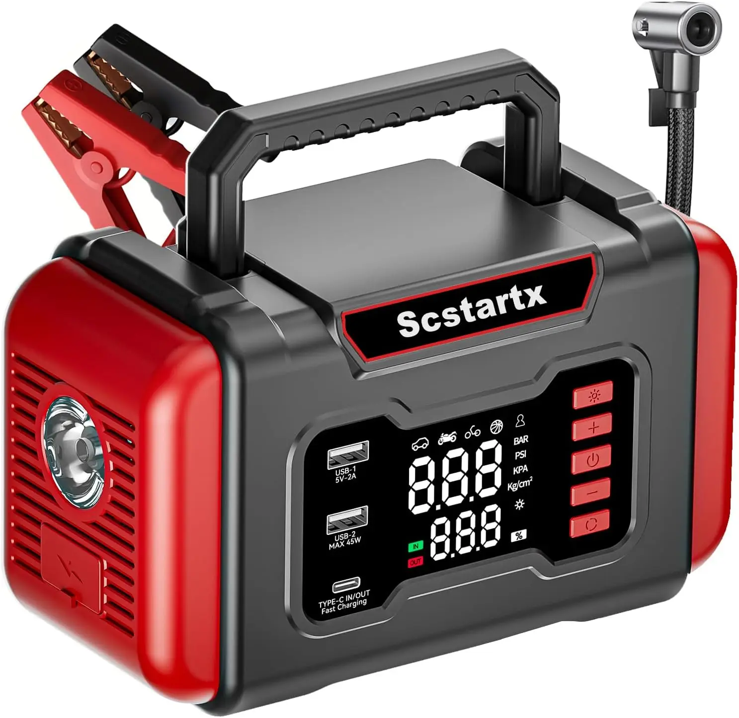 

Portable 4000A Car Jump Starter Air Compressor 150 PSI Rechargeable 12V with LED Light & Jumper Cables