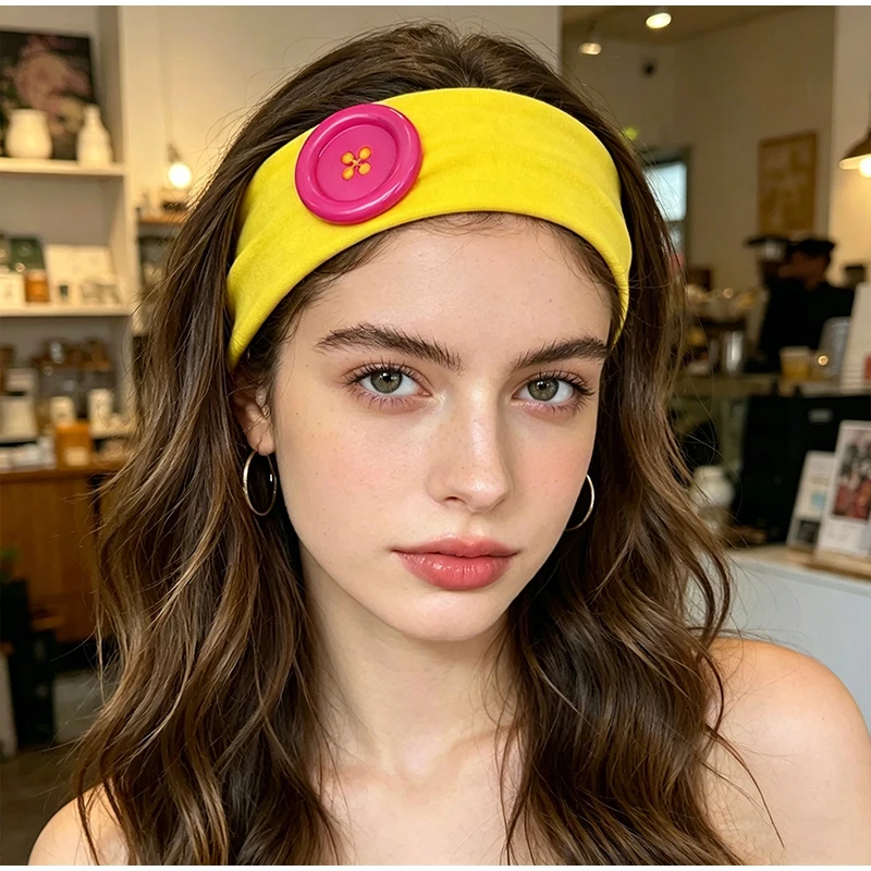 Dopamine Large Button Wave Dot Elasticity Headband Fashion INS Style Elastic Headband Sports Fitness Sweat-absorbent Hairband
