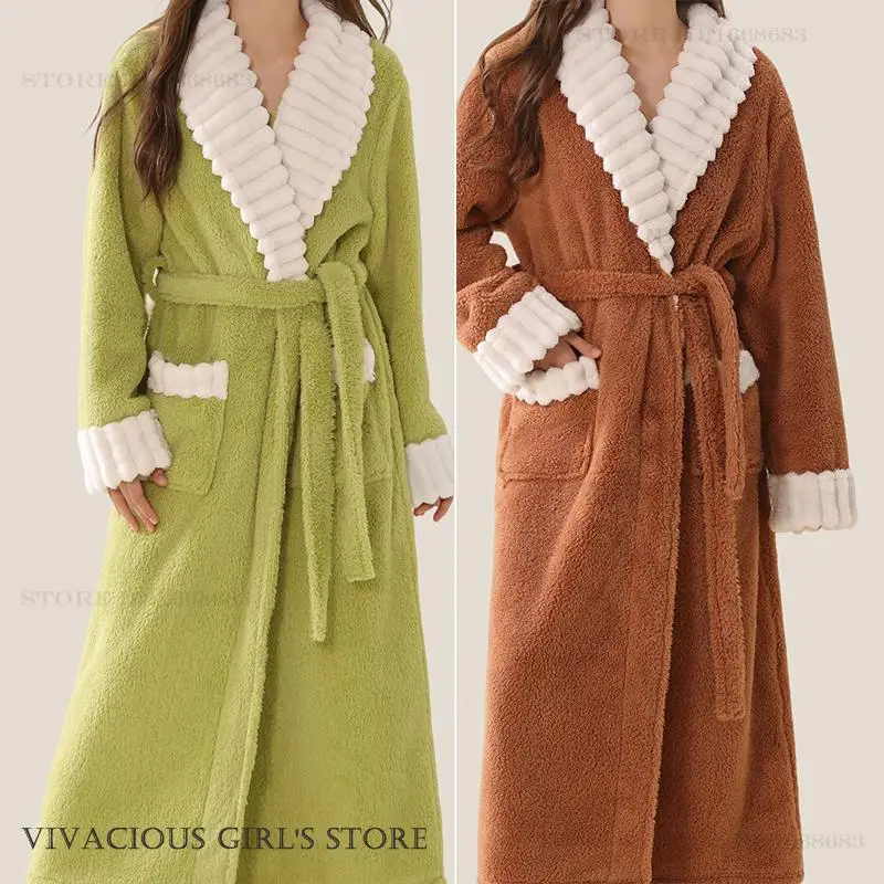 

Flannel Women Long Robe Nightgown Thicken Warm Sleepwear Loungewear Autumn Winter New Nightwear Casual Coral Fleece Homewear