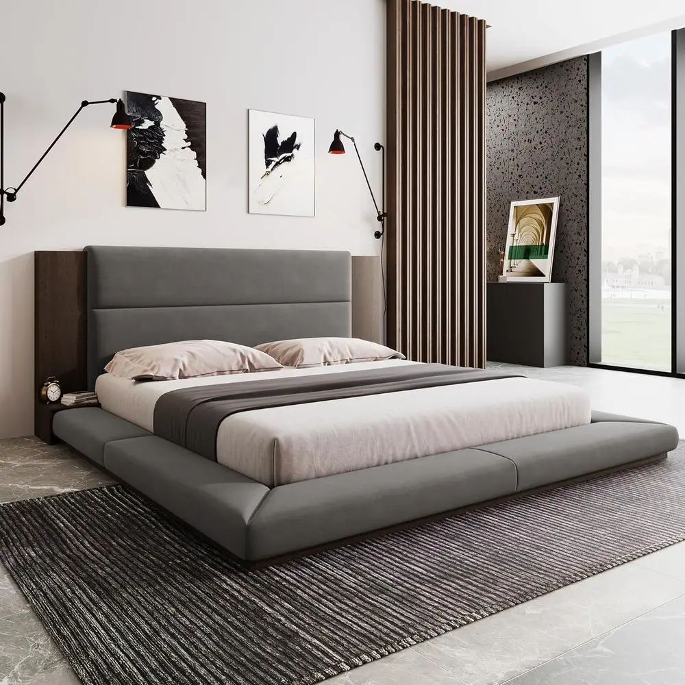 

King Size loor Upholstered Platorm Bed with Extended Wood board and Side Storage Shelves, ern Velvet Platorm Bed e with Slats Su