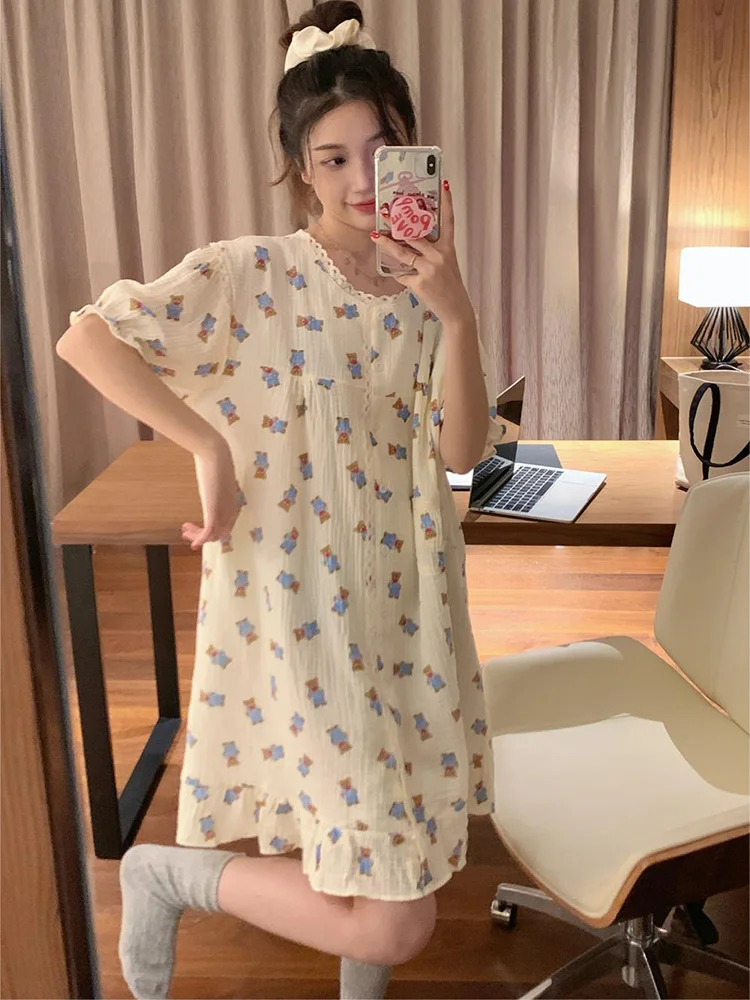 Cartoon Bear Lace Home Summer Print Korean Sweet Kawaii NightDress Women Short sleeve Casual Pajamas Set Elegant Ins Loose Suit