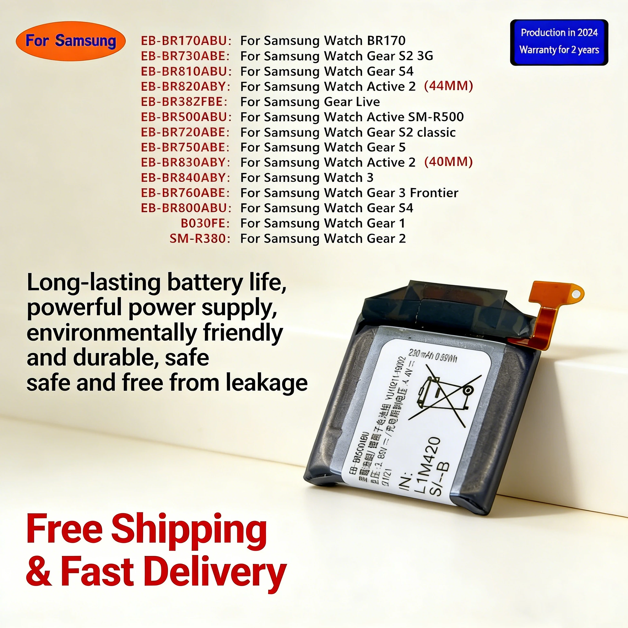 

Replacement Battery for Samsung Gear S2 S3 S4 Galaxy Watch Active 2 (EB-BR820ABY BR170 BR730) Internal Li-ion Battery + Tools