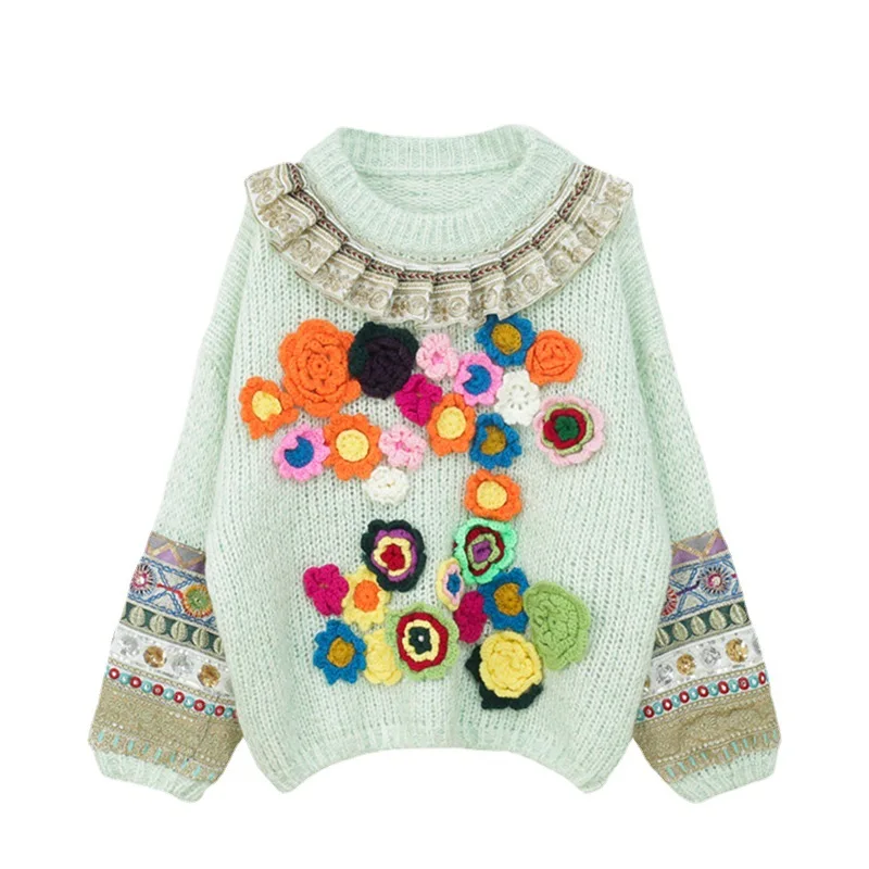 

Thickened Retro Flower-embroidered Women's Sweaters for Autumn and Winter