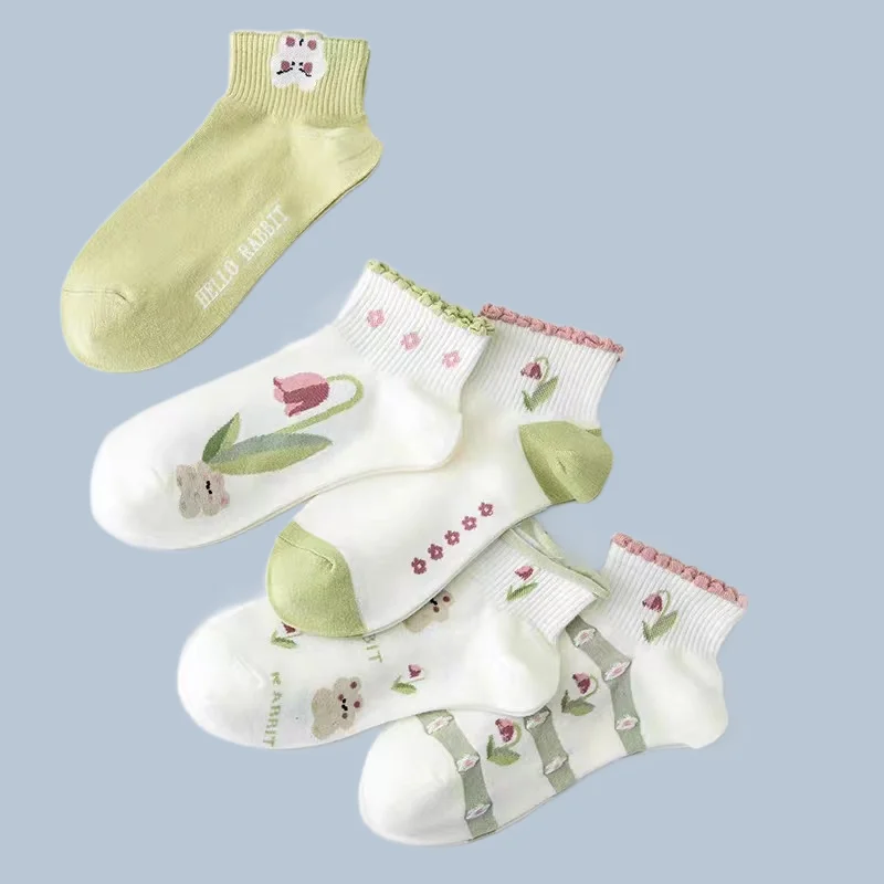 Carton-Chaussettes décontractées respirantes pour femmes et filles, absorbant la transpiration, couleurs claires, chaussettes mignonnes, haute qualité, été, 5/10 paires