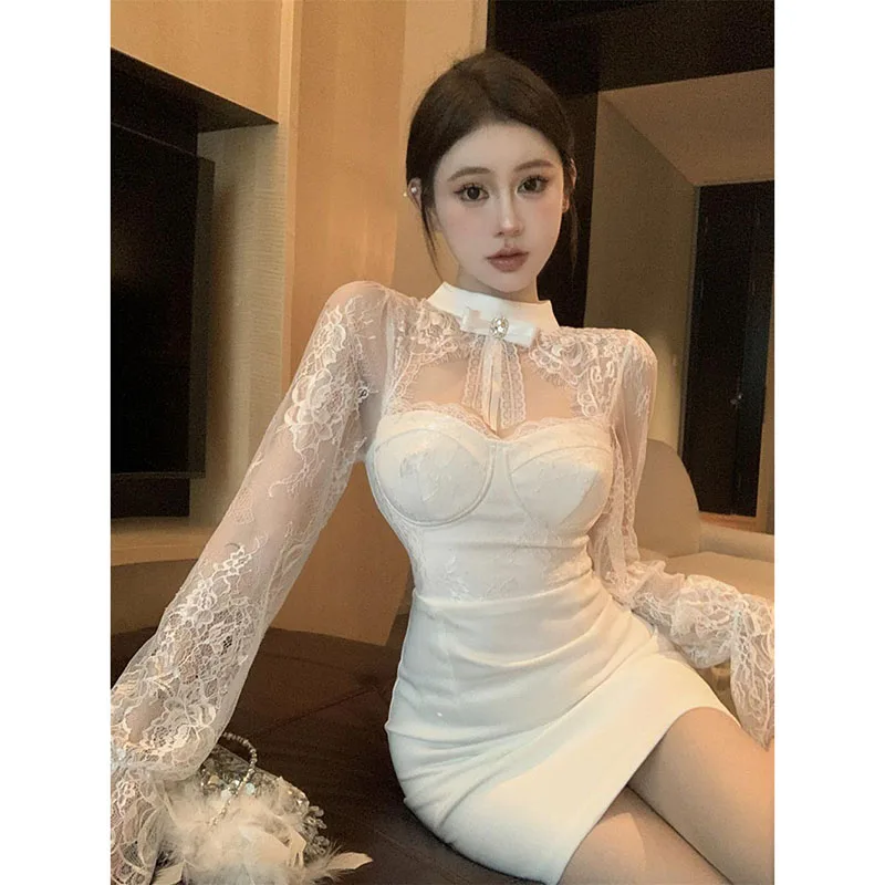 

Женское платье с воротником-стойкой, Кружевное облегающее платье в стиле пэчворк, ажурное платье с открытыми бедрами, расклешенным длинным рукавом