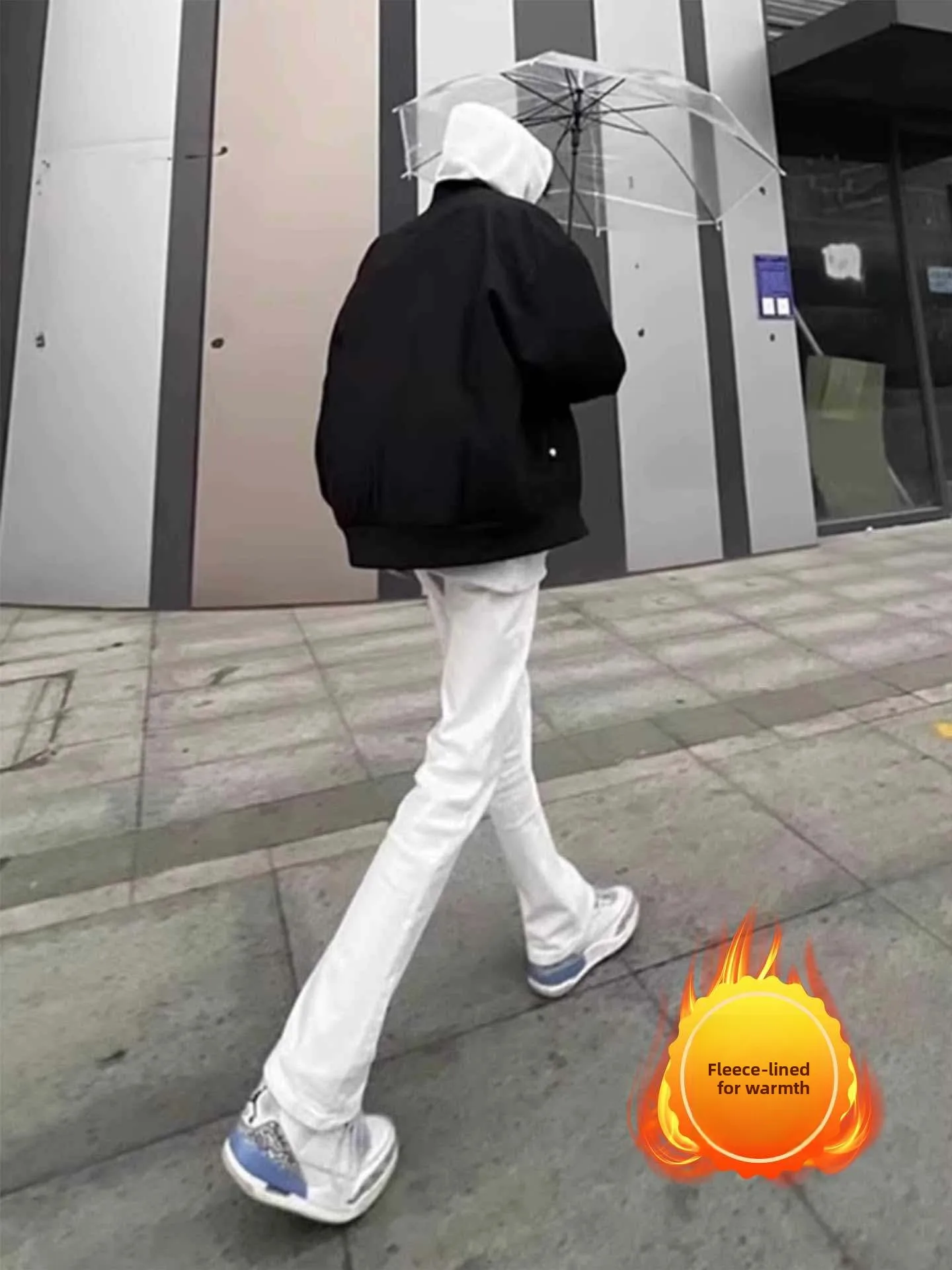 

Cleanfit American Style Men's Fleece Lined White Jeans High Waist Straight Leg Casual Trousers for Autumn Winter Wear