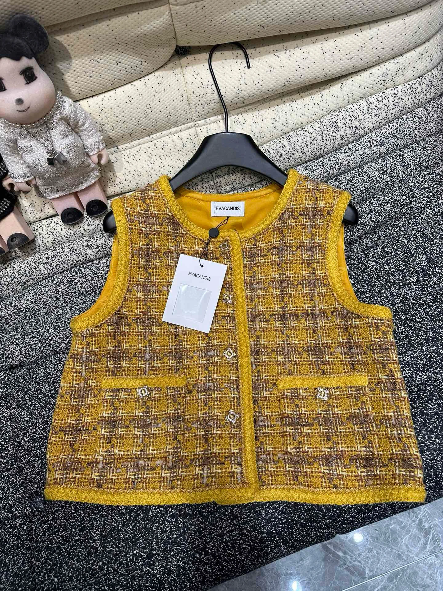 

EVACANDIS Women New High Quality Chic Wool Tweed O-Neck Single Breasted Vest Tops Sleeveless Double Pockets Silk Lining Coat