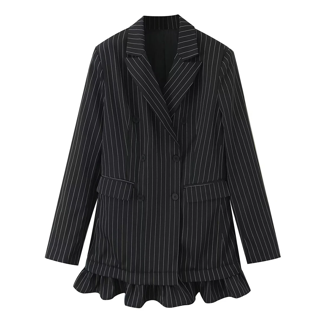 

Women's Casual Lapel Jacket Fall Winter Fashion Simple Ruffled Hem Striped Blazer Long Sleeve Double-Breasted Pocket Outwear