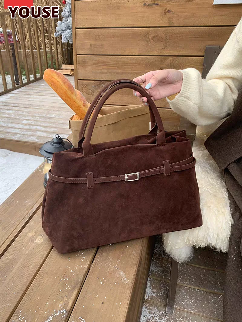 

Retro Suede Tote Design, Hand-held Single Shoulder Bag Buckle Design Solid Faux Suede Handbag Large Capacity Tote Bags For Women