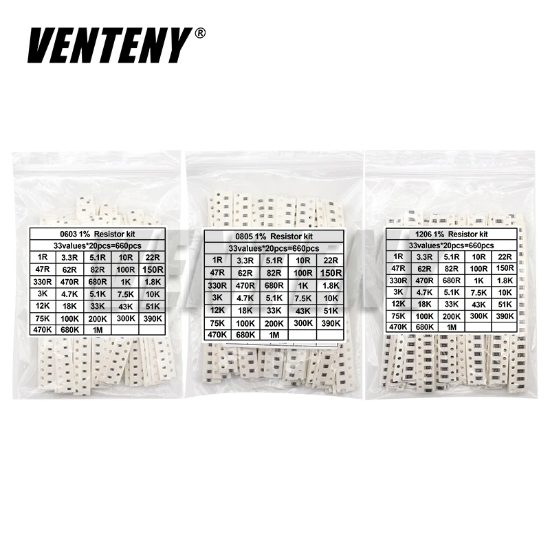 0402 0603 0805 1206 1210 2010 2512 SMD Chip Resistor Sample Kit Alloy Resistance Assorted Set 1% 5% 10R 100R 220R 1K 10K 100K