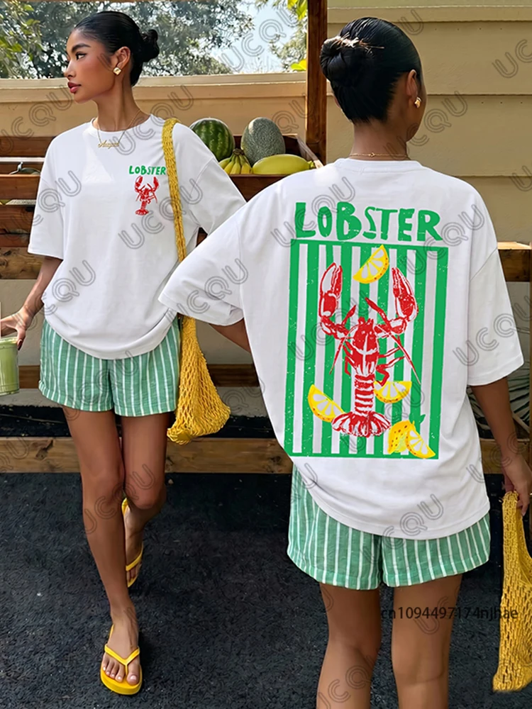 Summer New Lobster & Striped Pattern Print Cotton T-shirt For Women Short Sleeve O-neck Tees Casual Clothes Oversized Unisex Top