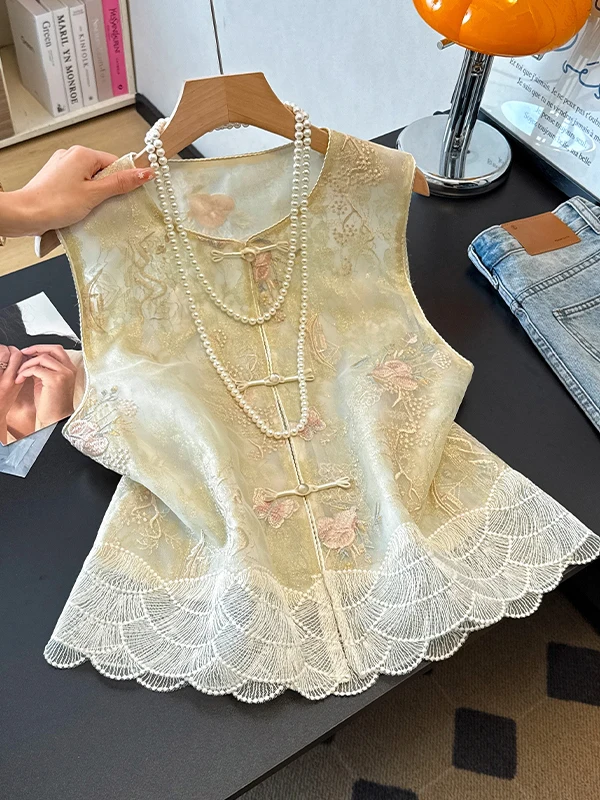 

Elegant Embroidered Vest Women's Sleeveless Top Summer New Style Sweet Anti-aging Design Heavy Work Embroidery Apricot Color