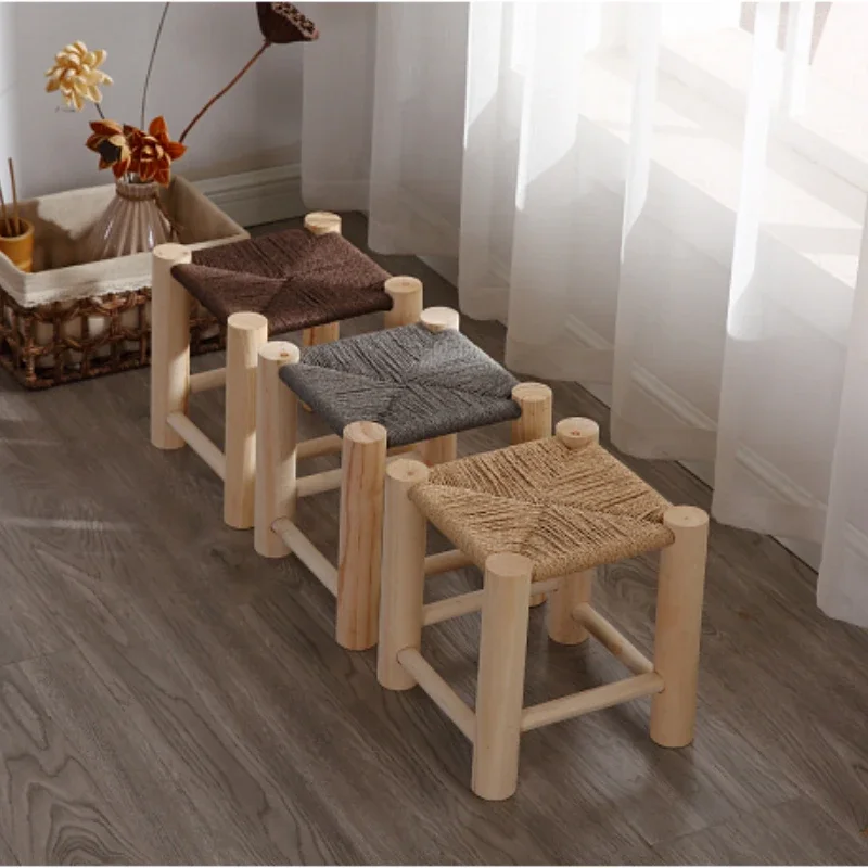 Woven Wooden Shoe Changing Stool Pine Solid Wood Handcrafted Stool Non-Slip Seat for Home Use Modern Chair for Living Room