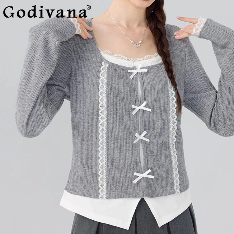 

Temperament Gray French Square Collar Fake Two-piece Bottoming Knitted Sweater Spring Sweet Bow Long Sleeve Versatile Girl Top