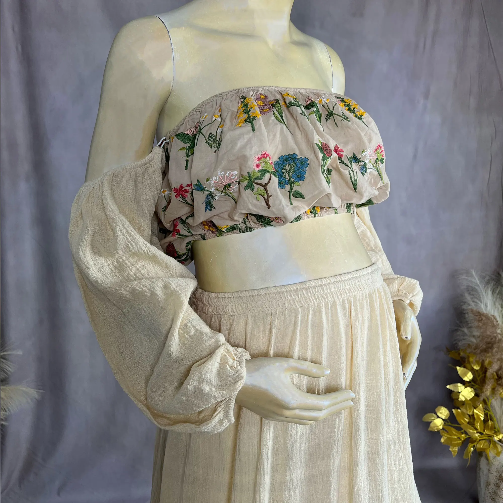 Maternity Artistic Photo Dress Beige Breast Top Cotton and Linen Mosaic Embroidery Two-Piece Set Pregnancy Photography Apparel