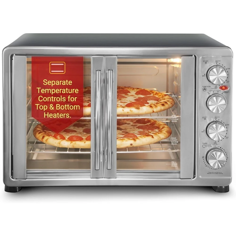 

French Door Convection Oven 47.5Qt 18 Slice Capacity Bake Broil Toast Rotisserie Keep Warm Includes 2 Pizza Racks
