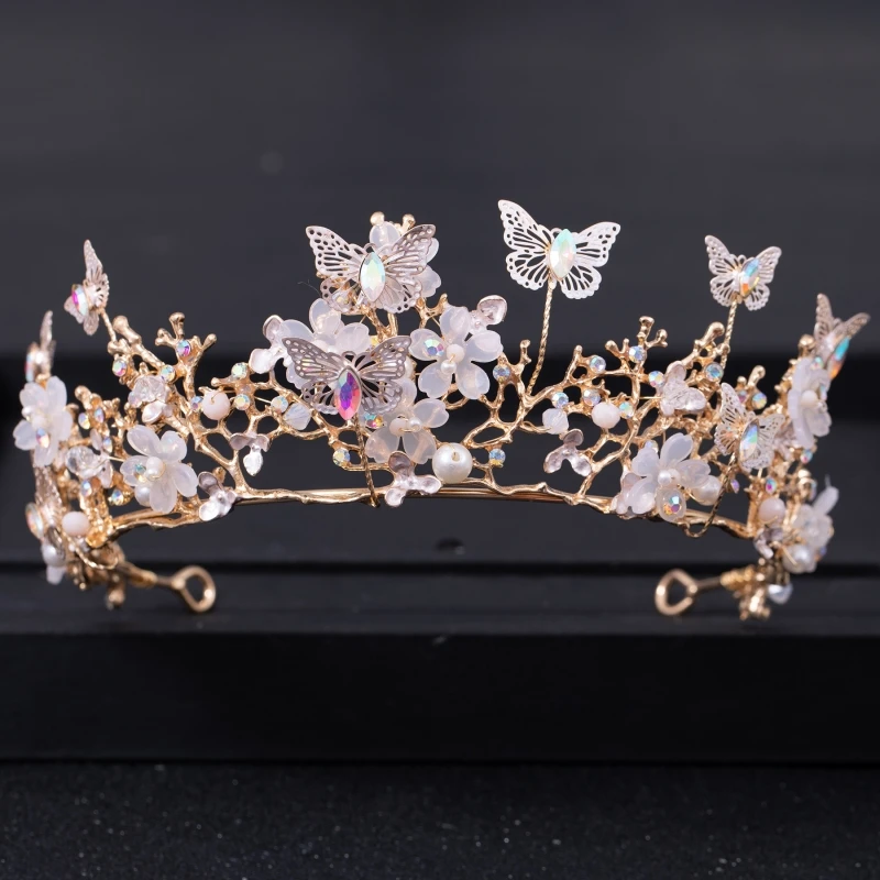 Baroque Pearl Rhinestone Crown Flower Butterfly Princess Tiara Headband Hairband Women Bridal Wedding Hair Accessories Jewelry