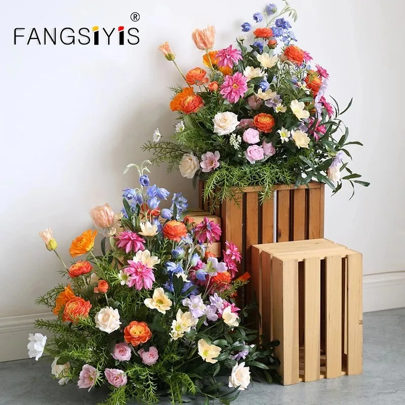 

Pink flower Green plant leaf Wedding Backdrop Floor Floral Artificial Flower Row Arrangement Road Lead Table Flower Event Props