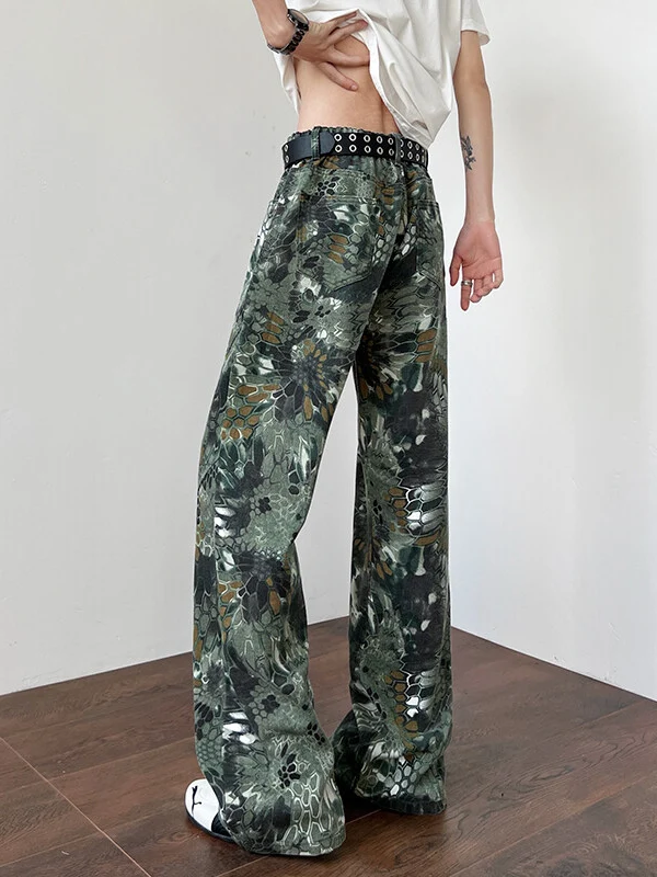 een camuflagem cobra impressão jeans masculino vintage solto calças de perna reta para caras altas juventude faion wear