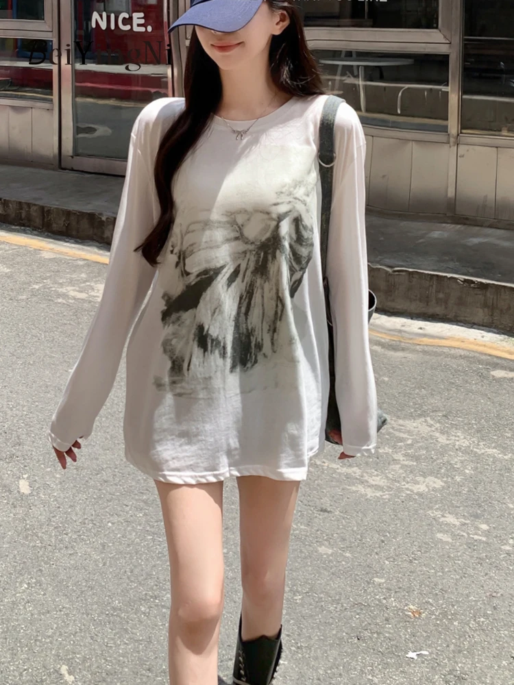 Beiyingni Spring Autumn Thin Y2K T-shirt Women New Fashion Harajuku Loose Top Girls White Casual High Street Vintage Teeshirts