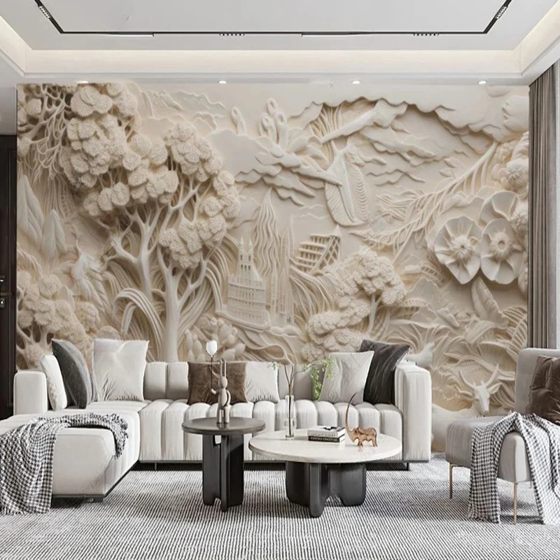 Photo Mural Wallpaper 3D Relief White Forest Pine Fresco Background Wall Hotel Office Living Room Sofa TV Art 3D Papel De Parede