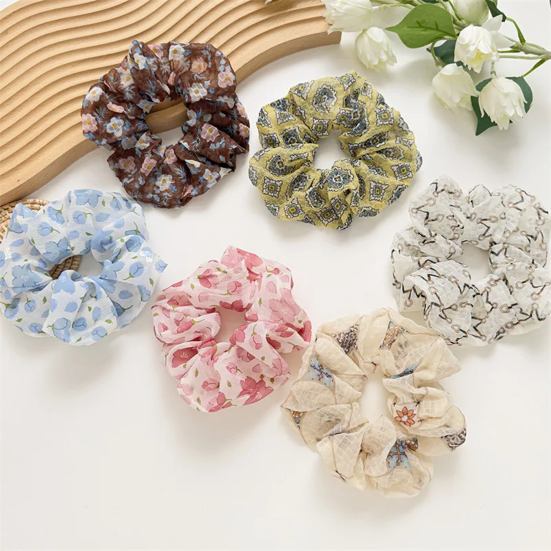 Ruoshui Woman Sweet Chiffon Printing Scrunchie Girls Rubber Band Lady Hair Accessories Hair Ties Ponytail Holders Ornaments