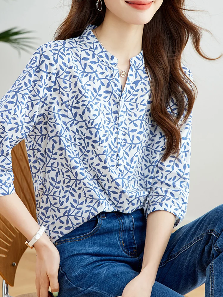 2025 الصيف تخفيف Faionable الأزهار طباعة سبعة Sve irt تنوعا Sli تصميم عادية فضفاض صالح زر حتى irt #1