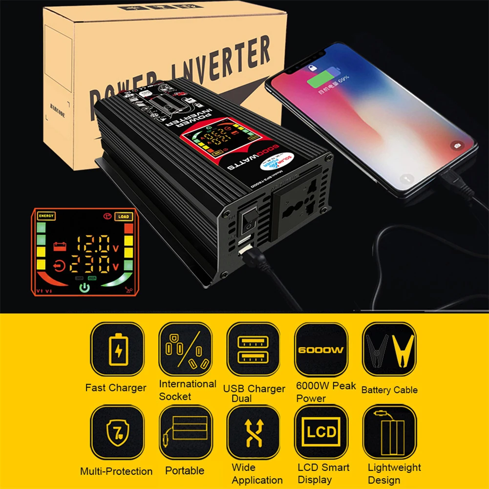 6000 واط سيارة العاكس تعديل موجة جيبية محول طاقة المزدوج USB مركبة الذكية العاكس تيار مستمر 12 فولت إلى التيار المتناوب 110 فولت 220 فولت شاشة الكريستال السائل ل RV #4