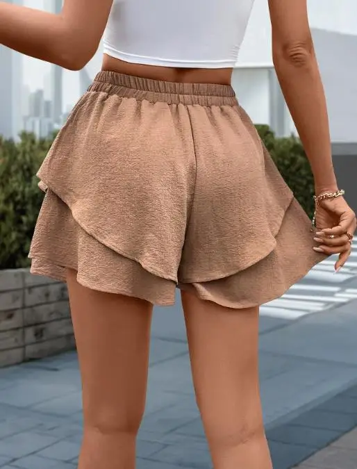 2025 Summer Casual Ruffle Edge Shorts Women's Pants Texture Layered Wide Leg Pants Simple Casual Loose Comfortable Shorts