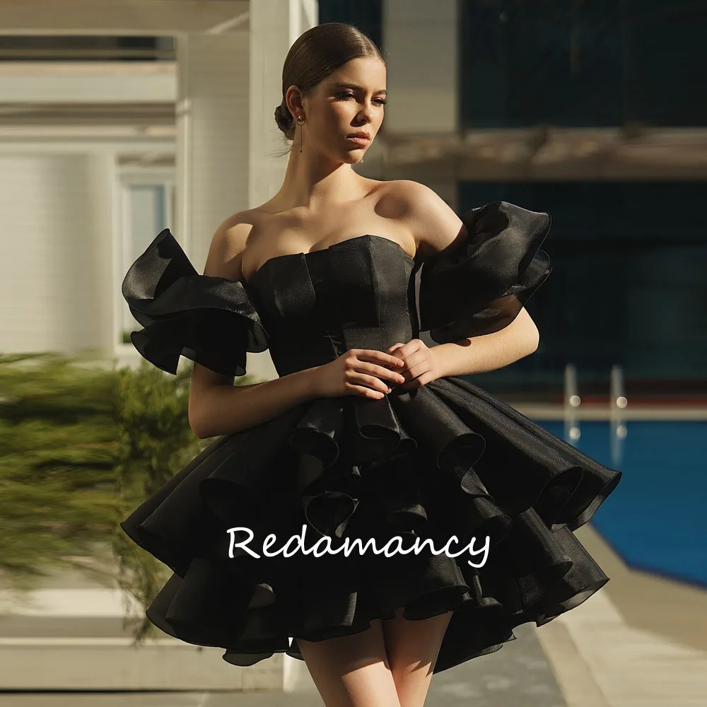 

Redamancy Black Strapless Organza Evening Dress Short Sleeves Above Knee Prom Dress Elegant Short Dubai A-Line Party Dress 2025
