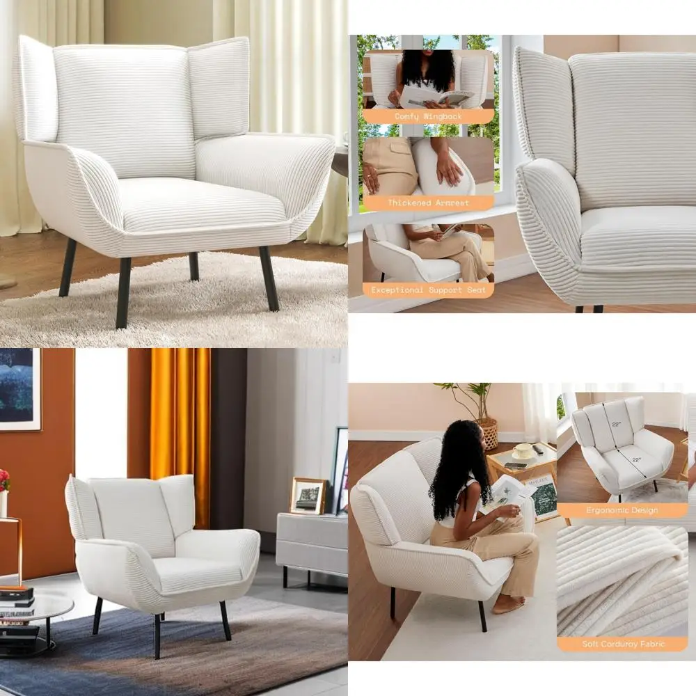 AMERLIFE Accent Chair- Upholstered Living Room Chair with High Wingback, White Reading Armchair for Bedroom, Comfy Corduroy Chai