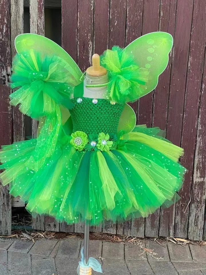 Girls Green Flower Fairy Dress Kids Glitter Tutu Dress with Butterfly Wing and Stick Hairbow Set Children Cosplay Party Costumes