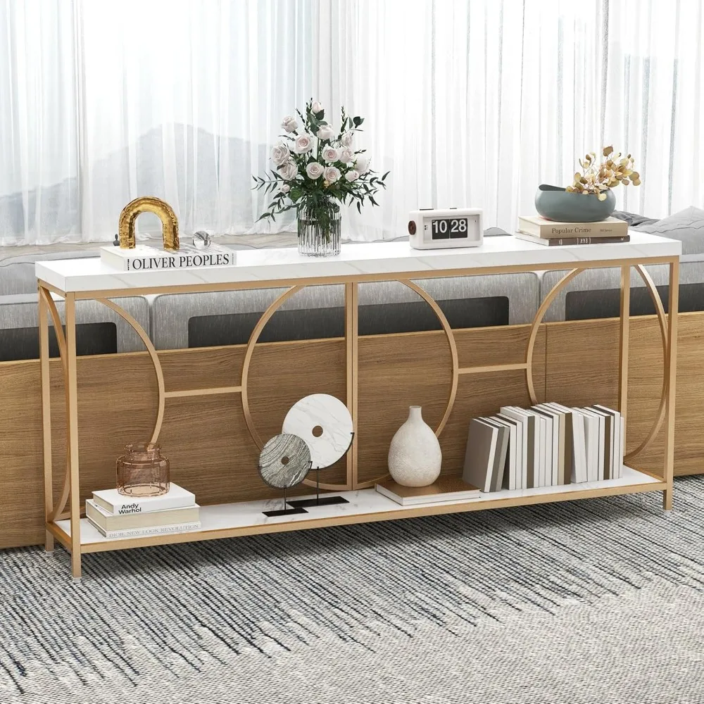 

71 Console Table, 2-Tier Extra-Long Gold Entryway Table w/Storage Shelf, Faux Marble Top, Narrow Sofa Table