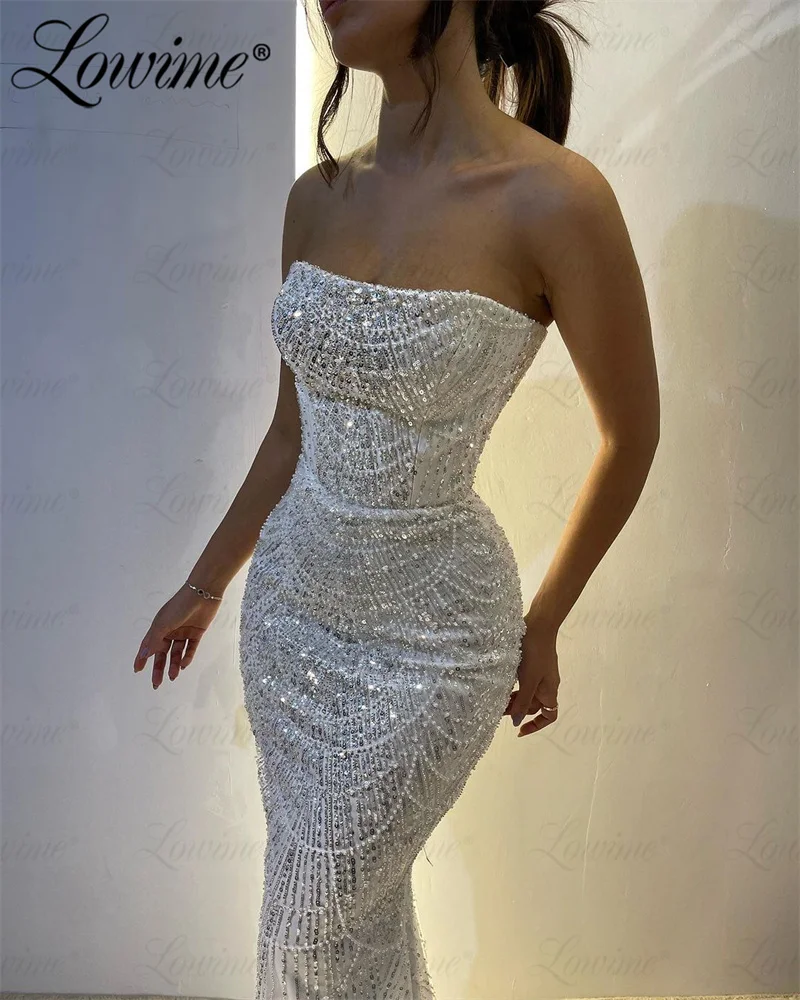 Gorgeous White Pearl Party Dresses Formal Occasion Strapless Evening Dress 2023 Arabic Mermaid Tassel Beads Long Prom Gowns Robe