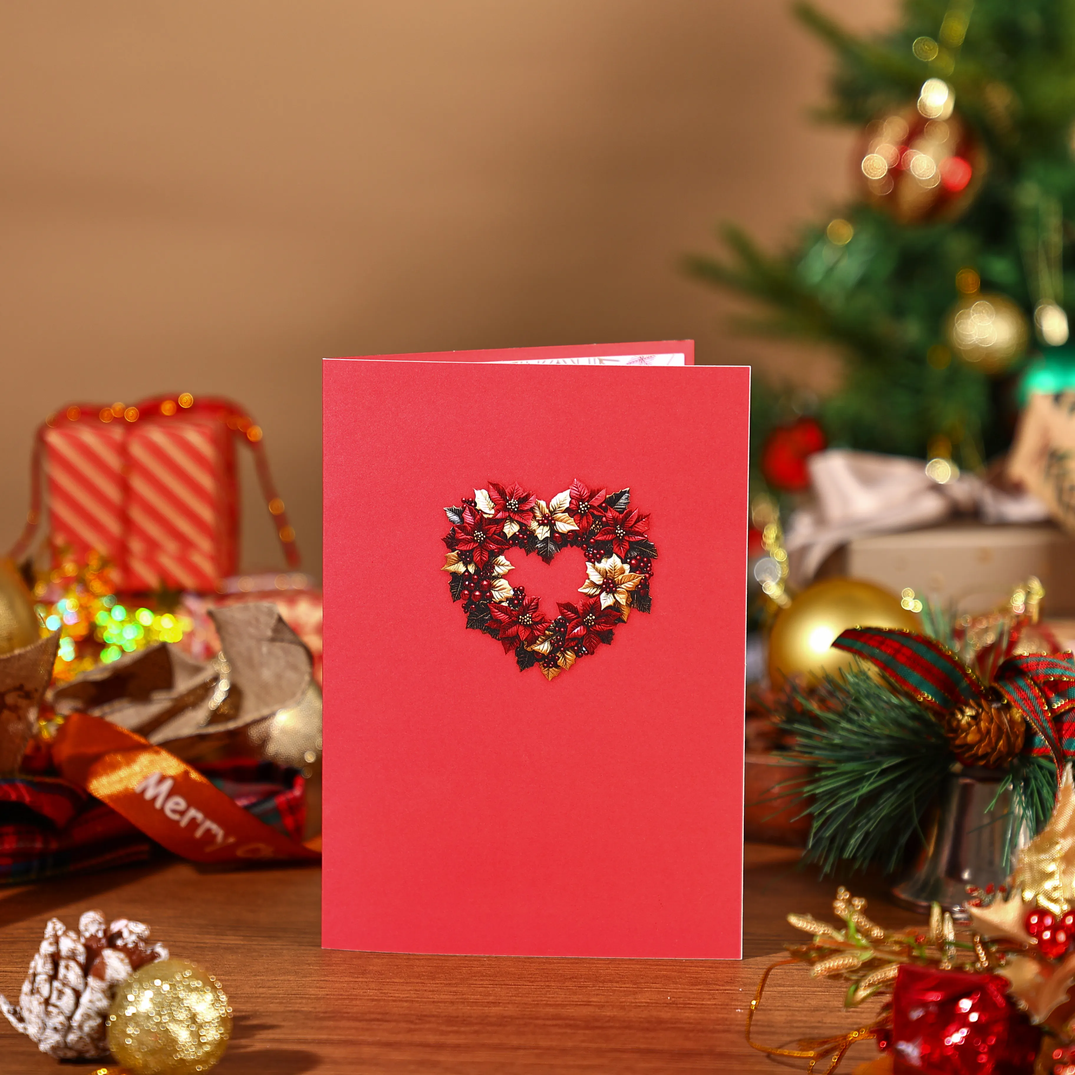 1pc Merry Christmas Pop-Up Card, Christmas Tree Woodland Reindeer Cardinal Poinsettia Greeting Card with Note Card and Envelop