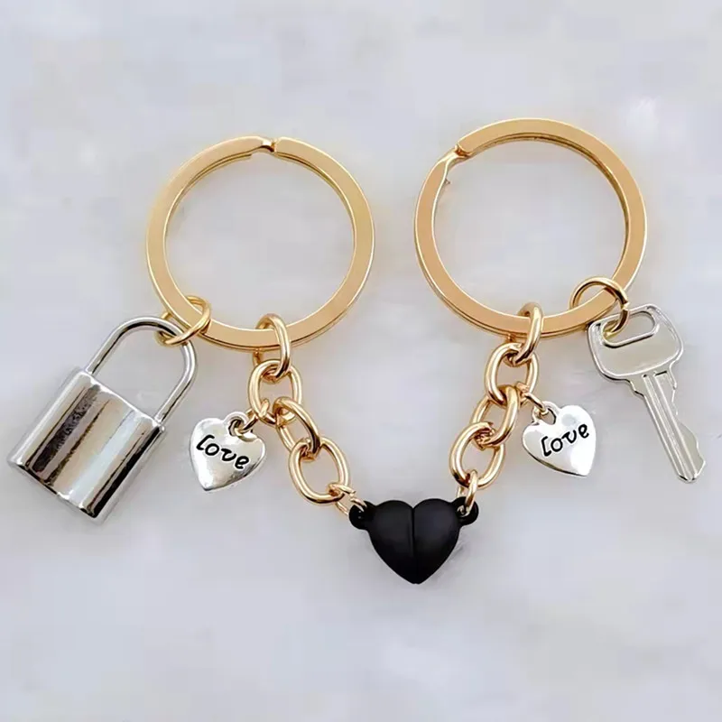 New Fashion Lock Heart Shape Metal Keychain Magnetic Button Key Key Ring Bag Accessories Handmade Jewelry