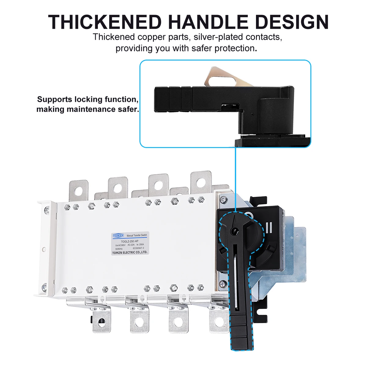 TOMZN Manual Transfer Switch MTS Changeover Switch Three-phase Four-wire AC 380V 250A 50/60Hz 2IN 1OUT Isolator High-current