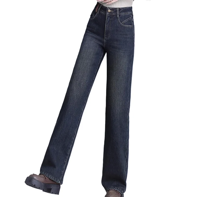 Engrossado cashmere versão estreita calças perna jeans feminino 2026 inverno nova cintura alta fina reta solta calças compridas temperamento