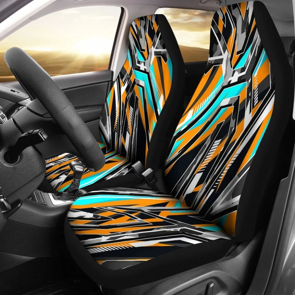 Racing Army Style Wild Orange & Colorful Stripes Vibes Car Seat Covers,Pack of 2 Universal Front Seat Protective Cover