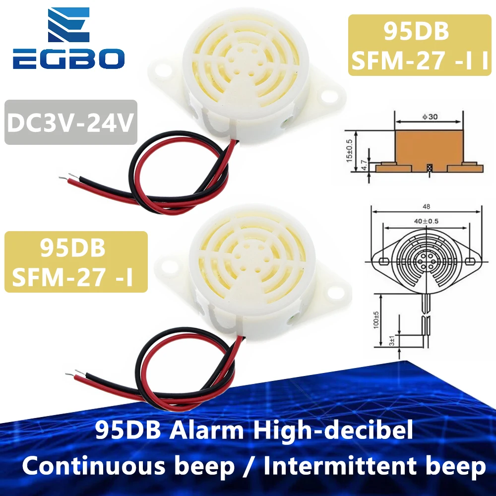 95DB 높은 데시벨 3-24V 12V 전자 부저 경고음 알람 Arduino SFM-27 용 간헐적 연속 경고음