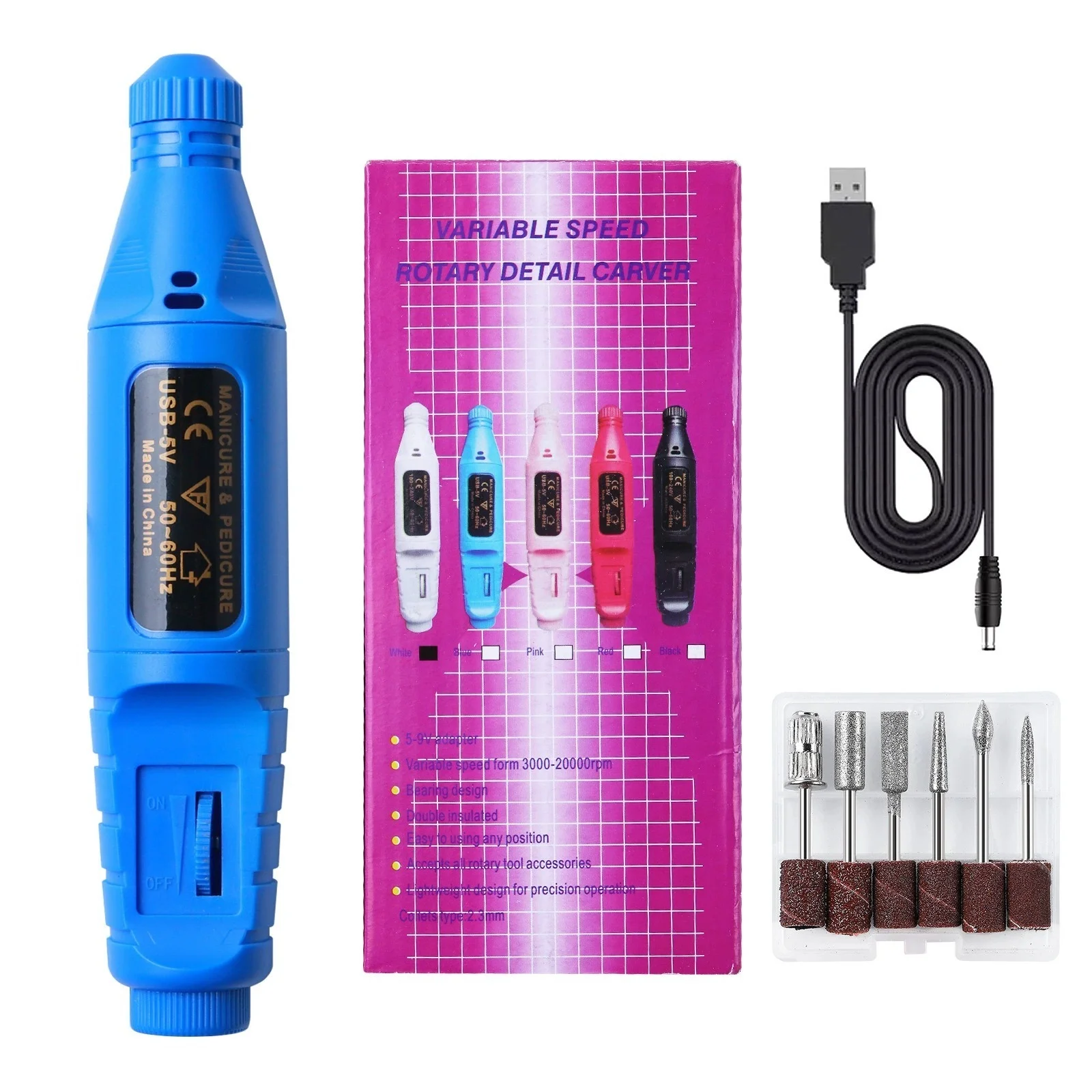 Blue Electric Nail Drills Kit Remove Polisher Manicure Pedicure 6pcs File Sanding Bands Machine Art Pen Device Equipment