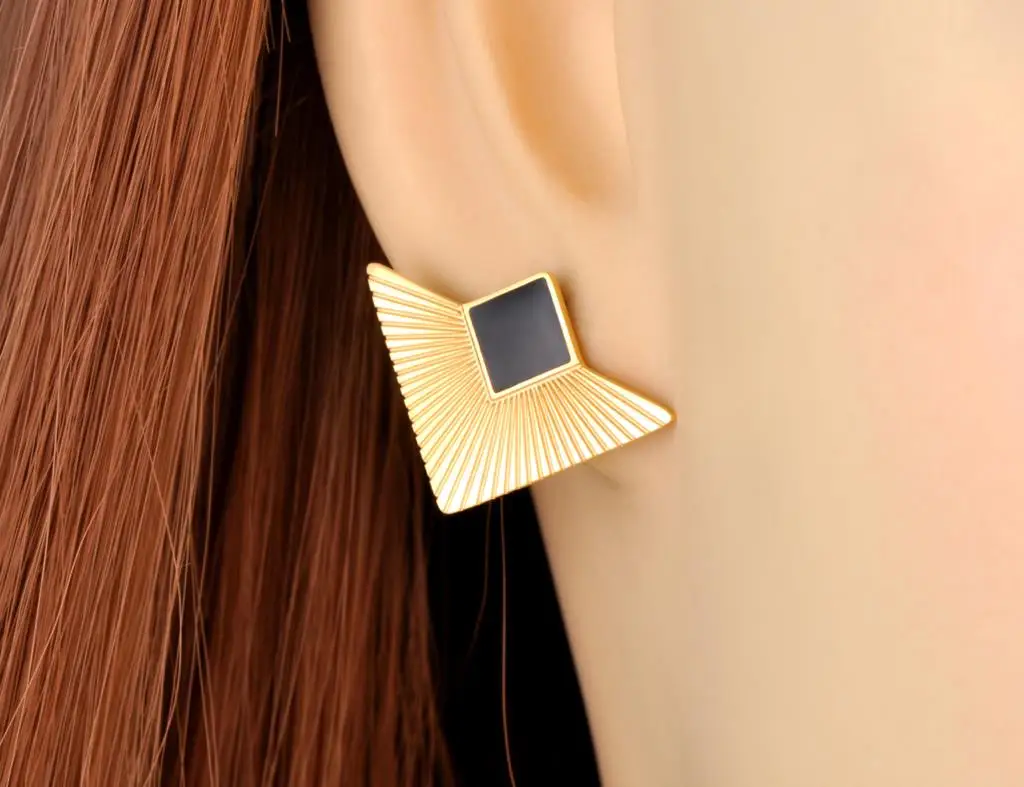 JeeMango Stainless Steel Green Black Enamel Earrings Vintage Design Triangle Geometric Jewelry For Women серьги женские JE22153