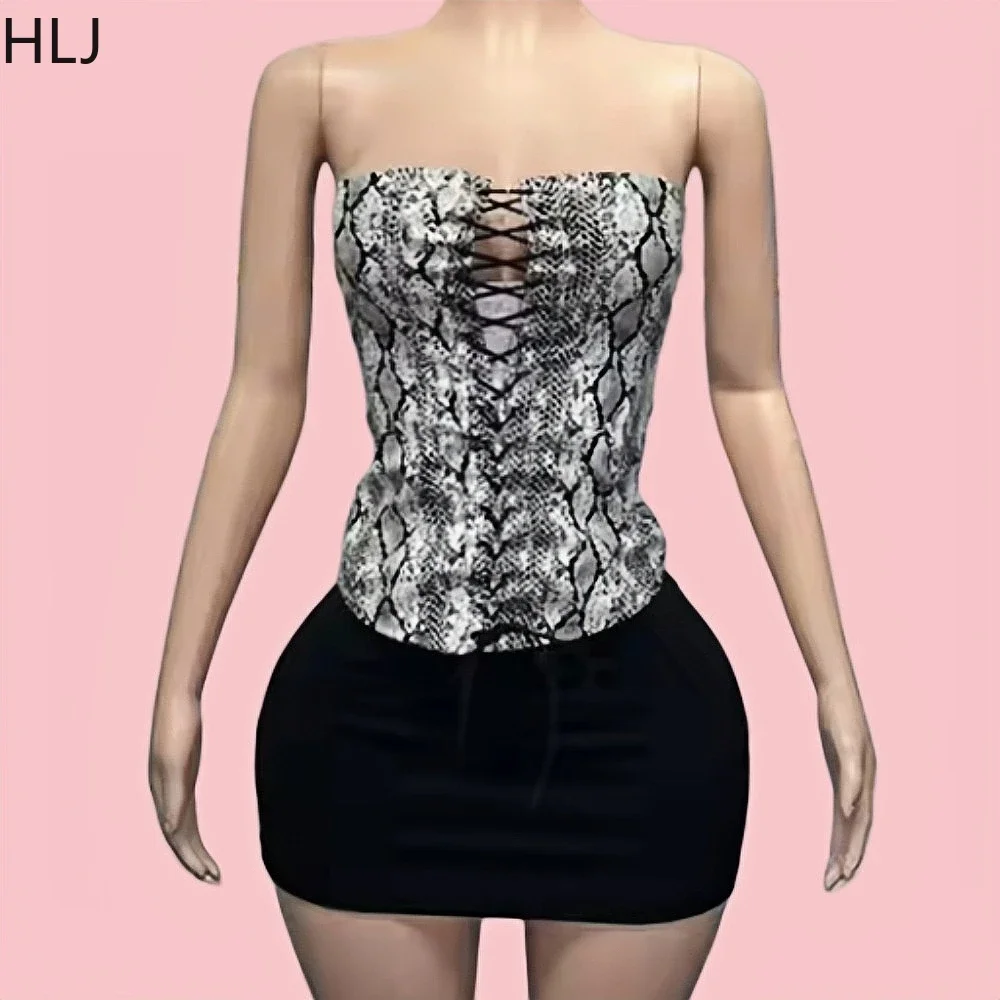 

HLJ&GG Sexy Snake Bandage Slim Corset Two Piece Sets Women Off Shoulder Sleeveless Top And Mini Skirt Outfits Fashion Streetwear