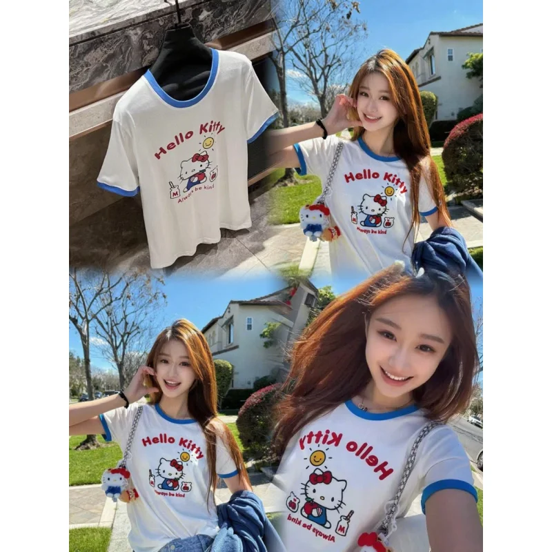 

Summer Hello Kitty Sanrio Girl Loose Leisure T-shirt Cartoon Blue Splicing Strips Student Leisure oversized relaxed fit Soft