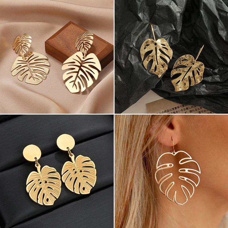 Vintage Ethnic Monstera Leaf Dangle Earrings for Women Multiple Style Golden Leaves Pendant Earings Statement Jewelry Brincos