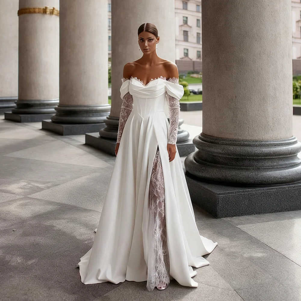 

Customized Off Shoulder Long Sleeves Sweetheart Neckline A-Line Wedding Dress Lace-up Back Side Slit Sweep Train Gown For Bride