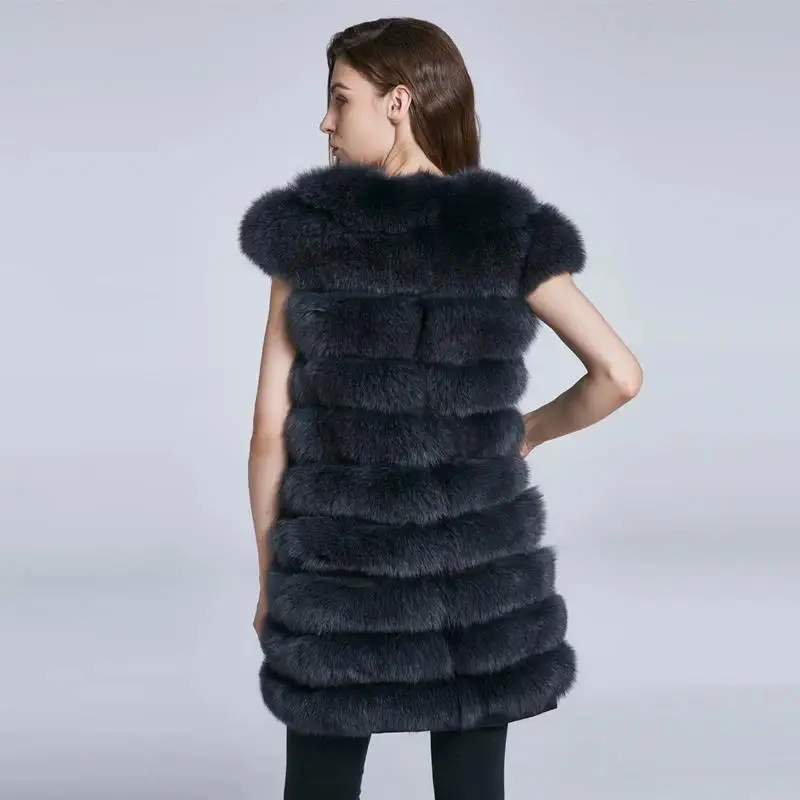 JKP-Casaco Real Fox Fur para mulheres, comprimento médio, colete sem mangas, listra inclinada, roupas quentes, moda inverno, novo