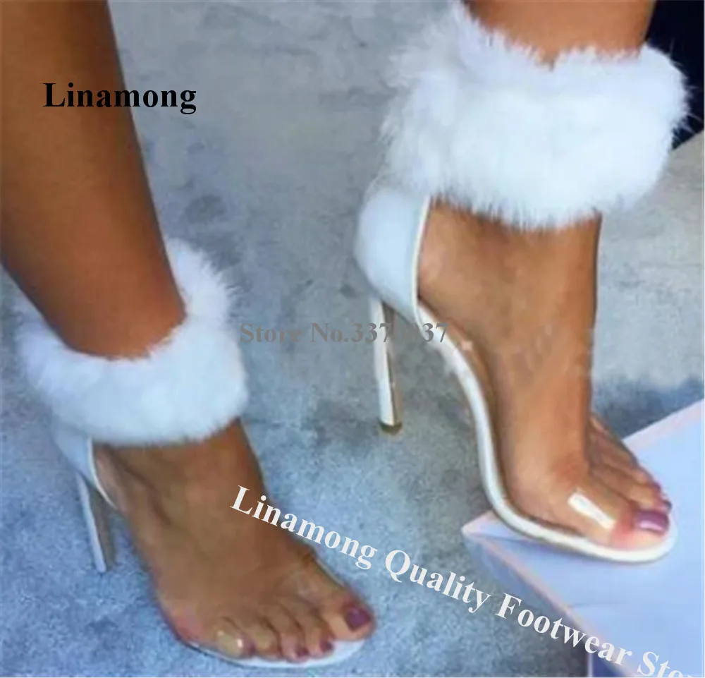 

Linamong Newest PVC Patchwork Suede Stiletto Heel Fur Sandals Open Toe White Red Ankle Wrap Thin Heel Party Heels Big Size